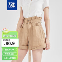 唐狮 TONLION休闲短裤2024夏季新款女宽松花苞腰大口袋脚口翻边尼龙短裤TB 浅卡其