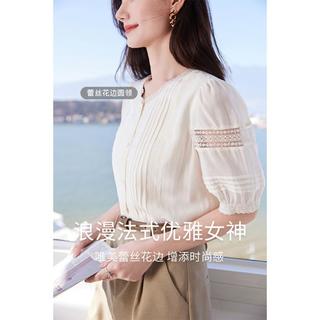香影 X.YING【2024时尚夏装】泡泡袖衬衫女上衣蕾丝花边领镂空短袖衬衣