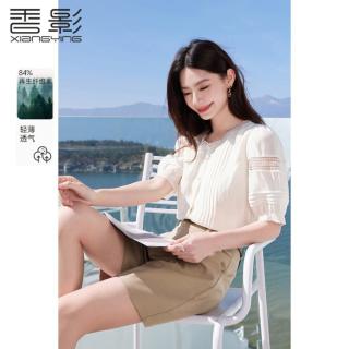香影 X.YING【2024时尚夏装】泡泡袖衬衫女上衣蕾丝花边领镂空短袖衬衣
