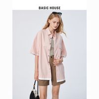 Basic House/百家好拼接撞色短袖衬衫女2023百搭宽松翻领工装衬衣