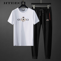 HTEEC时尚薄款小蜜蜂刺绣短袖t恤套装男夏季丝光棉两件套 白色 XXL