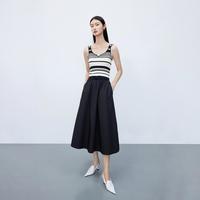 丽丽 LILY夏季裙子女A字型修身显瘦拼接复古条纹吊带连衣裙小黑裙女