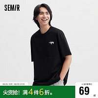 森马（Semir）观园吉联名短袖t恤男24夏季熊猫图案刺绣宽松短袖109324100135 L 黑色90001