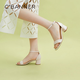 C.BANNER 千百度 女鞋夏季新款法式一字带凉鞋仙女风休闲气质粗跟鞋子