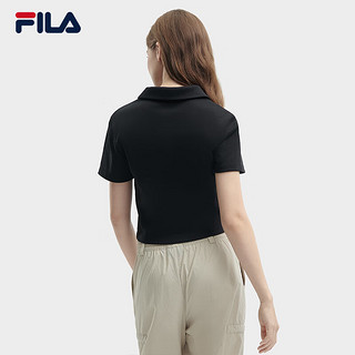 FILA 斐乐女子针织短袖POLO衫2024夏季时尚休闲纯棉上衣 正黑色-BK 175/92A/XL