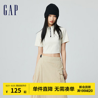 Gap女装2024夏季弹力半拉链logo小立领短款短袖T恤上衣876152 米白色 160/80A(S) 亚洲尺码