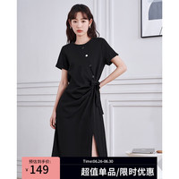 初语设计感小众开叉连衣裙女2024夏季新款蝴蝶结收腰T恤裙中长裙 午夜黑8429807 L