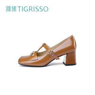 蹀愫（tigrisso）【明星同款】春新款方头中粗跟单鞋玛丽珍女TA43104-12 棕啡色 39