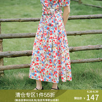 独束大码女装港风花卉围裹式套装2024夏多彩印花雪纺衫半身裙 米底红花-半裙 5