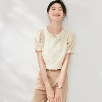 2024夏季时尚气质纯色泡泡布荷叶边衬衣圆领泡泡袖短袖衬衫女