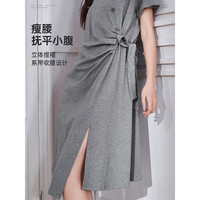 初语小心机收褶开叉连衣裙女季系带收腰T恤裙 借题发灰 L 借题发灰8329025