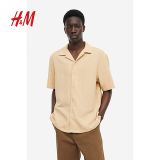H&M男装上衣春季标准版型细棉布古巴领衬衫1158017 黑色 180/116
