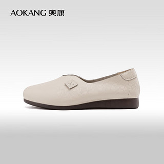 奥康（Aokang）女鞋 2024春季舒适简约圆头单鞋女百搭平底舒适鞋 米白色 37