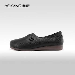 奥康（Aokang）女鞋 2024春季舒适简约圆头单鞋女百搭平底舒适鞋 黑色 36