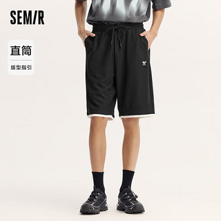 森马（Semir）休闲中裤男夏季宽松直筒五分裤抽绳短裤撞色假两件107323126102 黑色90001