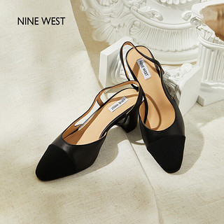 NINE WEST/玖熙复古包头凉鞋女粗跟拼色后空时尚通勤NK208006KK 黑色 37 