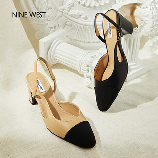 NINE WEST/玖熙复古包头凉鞋女粗跟拼色后空时尚通勤NK208006KK 黑色 38 