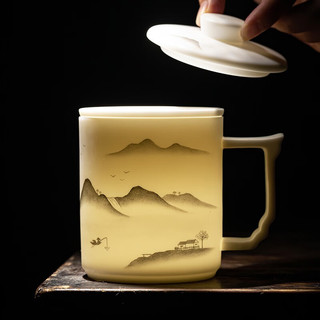 金镶玉吕承明老师手绘 羊脂玉瓷茶杯带过滤陶瓷茶水杯泡茶茶具430ml礼盒 吕承明水墨景秀手绘泡茶杯