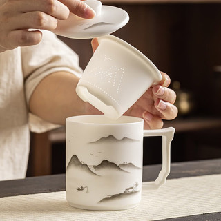 金镶玉吕承明老师手绘 羊脂玉瓷茶杯带过滤陶瓷茶水杯泡茶茶具430ml礼盒 吕承明水墨景秀手绘泡茶杯