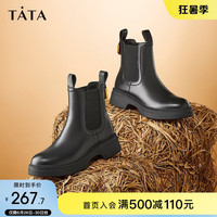他她（TATA）经典切尔西靴女时装烟筒靴英伦短靴女靴冬商场同款WUX03DD2 黑色（