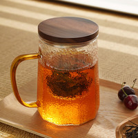 雅集茶具筑茗杯玻璃茶杯过滤透明带盖带把手高硼硅玻璃耐热茶杯 锤纹筑茗杯琥珀把带胡桃木盖 三件式过滤茶杯