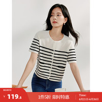 茵曼(INMAN)薄款条纹针织衫2024夏季女装圆领短袖显瘦百搭开衫上衣 黑白条 XL