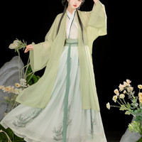 汉虞葵 原创宋制汉服女交领齐腰襦裙仙气飘逸日常古装春夏季套装 【青竹裳】上衣+襦裙+外纱 S