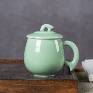 龙泉青瓷茶杯陶瓷小号喝水杯子带盖带柄办公马克杯老板杯会议杯高档办公杯家用泡茶牛奶杯商务杯 礼盒装 弟窑梅子青
