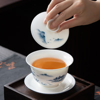 午间 陶瓷手绘羊脂玉盖碗茶杯带盖单个大号可悬停三才碗泡茶碗敬茶碗 湖光山色-悬停盖碗【190ml】