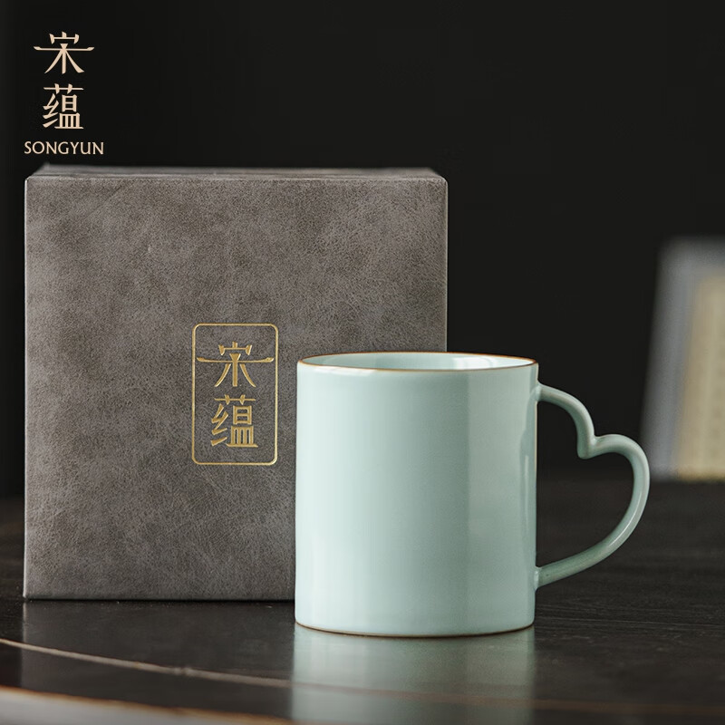 宋蕴汝窑茶杯马克杯家用办公高端天青泡茶杯咖啡杯喝水杯子礼盒装 (宋蕴)天青汝窑清心马克杯