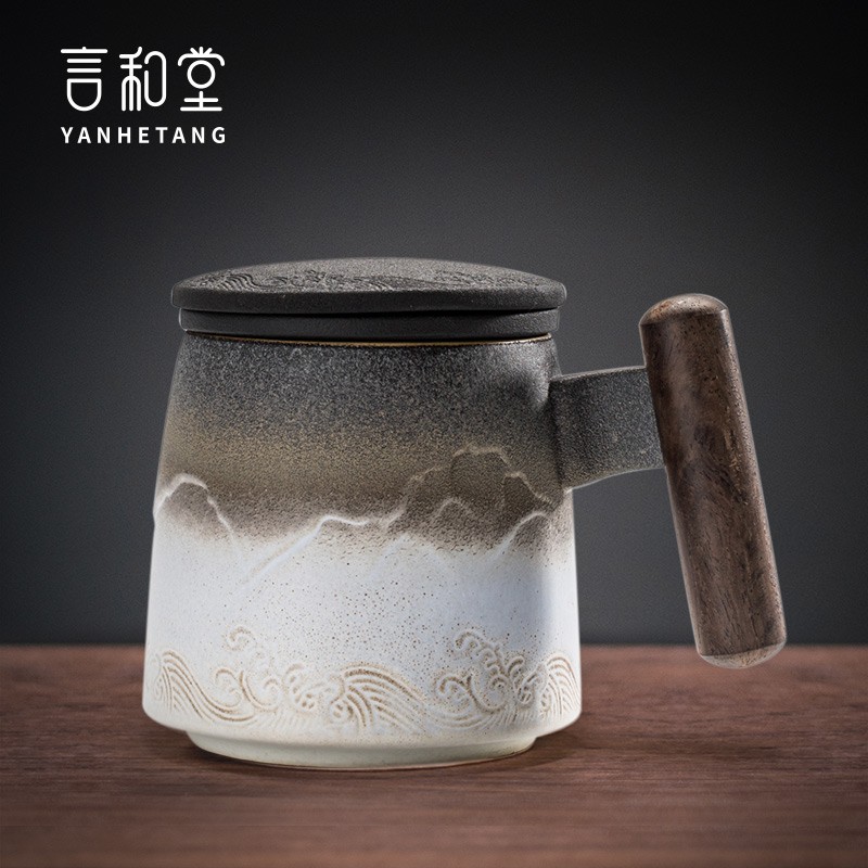 言和堂山海行 带盖过滤泡茶杯办公室茶杯 马克杯家用陶瓷喝茶杯水杯 山海行/昼-泡茶杯(黑檀柄)