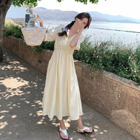 乌拓长裙子连衣裙到脚踝装夏款2024裙V领超长款淡黄色显瘦长 浅黄色 8091 S