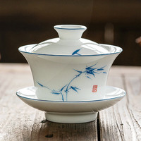 一品工坊 景德镇甜白瓷三才盖碗茶杯套装薄胎手绘陶瓷大号功夫泡茶碗单个 兰竹-坐饮盖碗-180ML