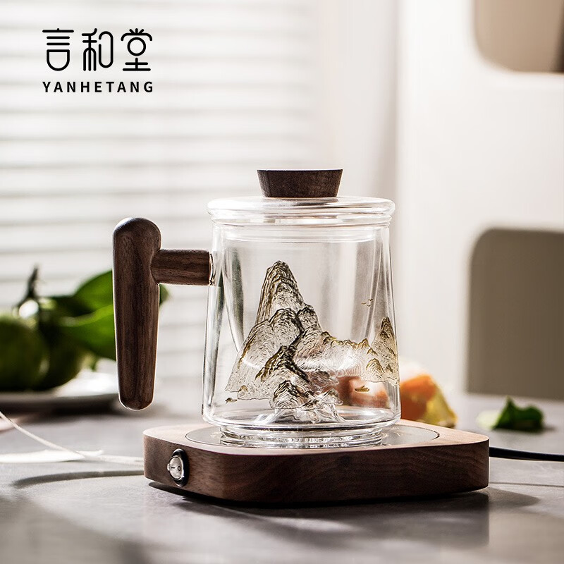 言和堂 茶杯玻璃杯茶水分离杯办公室过滤泡茶杯耐热水杯恒温垫礼盒 【高级礼盒】直把泡茶杯+恒温垫