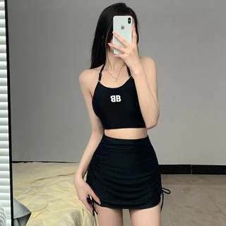 冶芷泳衣女分体成人女士泡温泉保守显瘦运动裙式遮肉遮肚子无钢托 黑色长袖三件套泳衣80-120斤