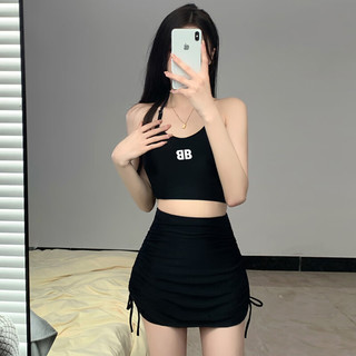 冶芷泳衣女分体成人女士泡温泉保守显瘦运动裙式遮肉遮肚子无钢托 黑色长袖三件套泳衣80-120斤