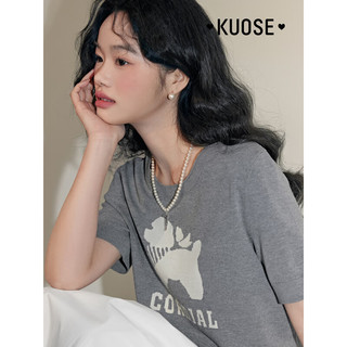 阔色（kuose）正肩针织衫短袖T恤女2024春夏季新款字母提花短款黑色上衣