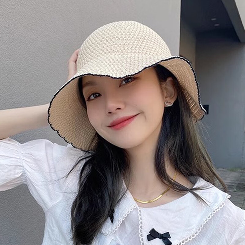 鲸曦渔夫帽女士夏天薄款透气盆帽春秋海边度假遮阳防晒帽百搭织线帽 棉线织盆帽【米白】