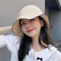 鲸曦渔夫帽女士夏天薄款透气盆帽春秋海边度假遮阳防晒帽百搭织线帽 棉线织盆帽【米白】