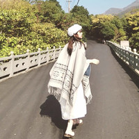 朗琦威尊民族风旅游大披肩女外搭双面羊毛围巾斗篷流苏空调房披风毯潮云南 长须款 150*130cm