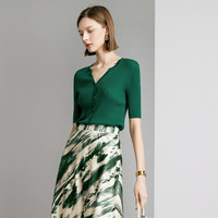 颜域绿色V领针织衫女士2024新款夏装复古轻熟风修身显瘦短袖上衣 墨绿