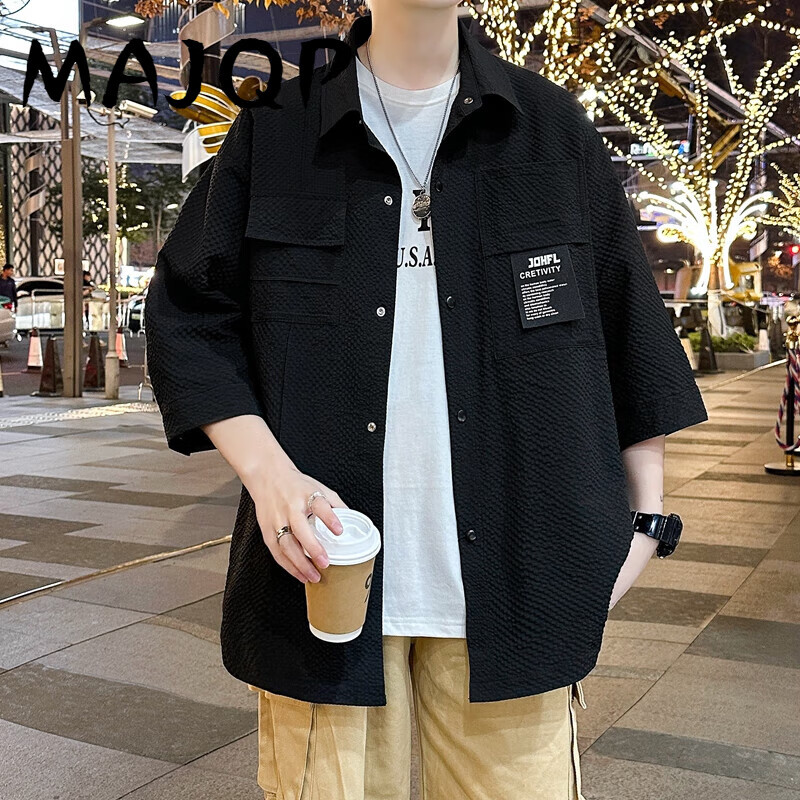 MAJQP 衬衫男夏季七分袖衬衫外套工装衣防强晒衣服防阳遮嗮衣上衣外套
