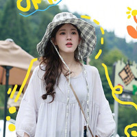 淑咪丽赵露思同款遮阳帽女2024防紫外线大帽檐格子渔夫帽户外防晒帽 黑米格子 56-58cm(可调节)