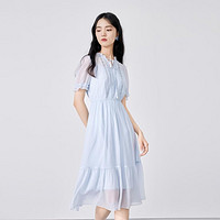 秋水伊人 玫瑰设计感显白浅蓝雪纺连衣裙休闲优雅裙子