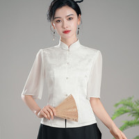 秀觀唐白依2024夏装前开襟荷叶袖新中式国风薄女唐装上衣外套 白色 XXL