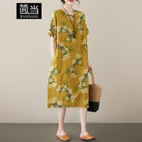 简当(JIANDANG)大码女装夏季胖mm黄色小菊花文艺宽松休闲连衣裙5897 黄色菊花 大码均码【130-180斤】