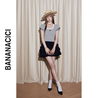 banana cici2024年夏季蝴蝶结绣花少女感短款条纹短袖针织衫女C242MY780 黑条 S