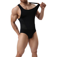 Brave Person无畏船长 男士弹力紧身运动跑步瑜伽体操透气网孔美体塑身背心三角丝滑连体衣 黑色 S
