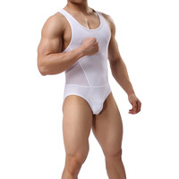Brave Person无畏船长 男士弹力紧身运动跑步瑜伽体操透气网孔美体塑身背心三角丝滑连体衣 白色 XL