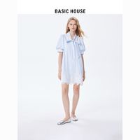 Basic House/百家好女连衣裙设计感季蓝色条纹衬衫裙